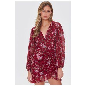 Forever 21 Size L Ruched Floral Print Mini Dress in Red